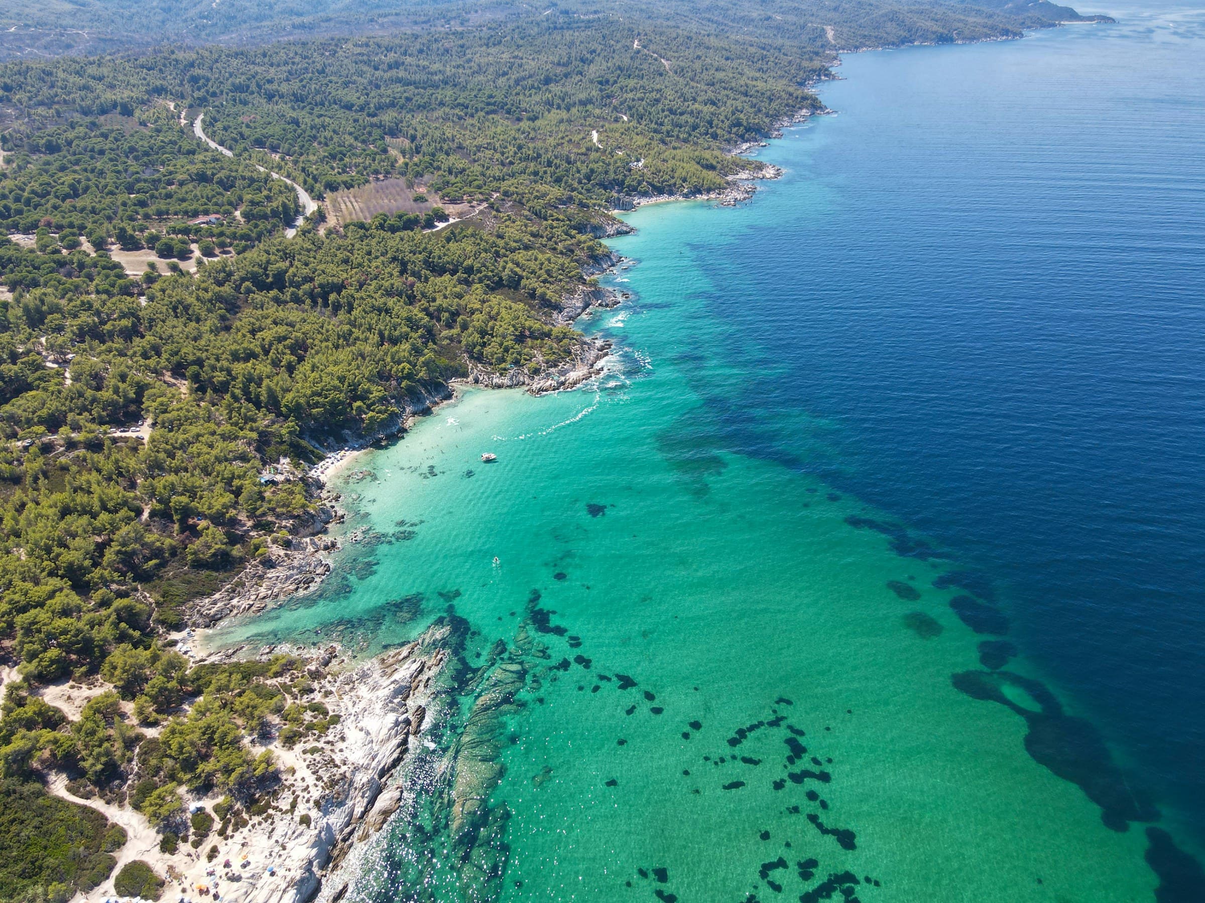 Havadan Sithonia kıyısı: çam ormanı beyaz kayalara iniyor, turkuaz sığlıklar ve küçük kumsallar.