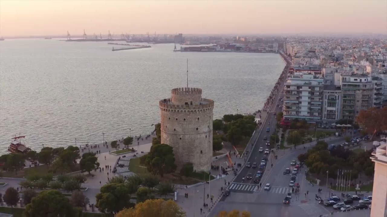 The White Tower and the Thessaloniki seafront from above at dusk