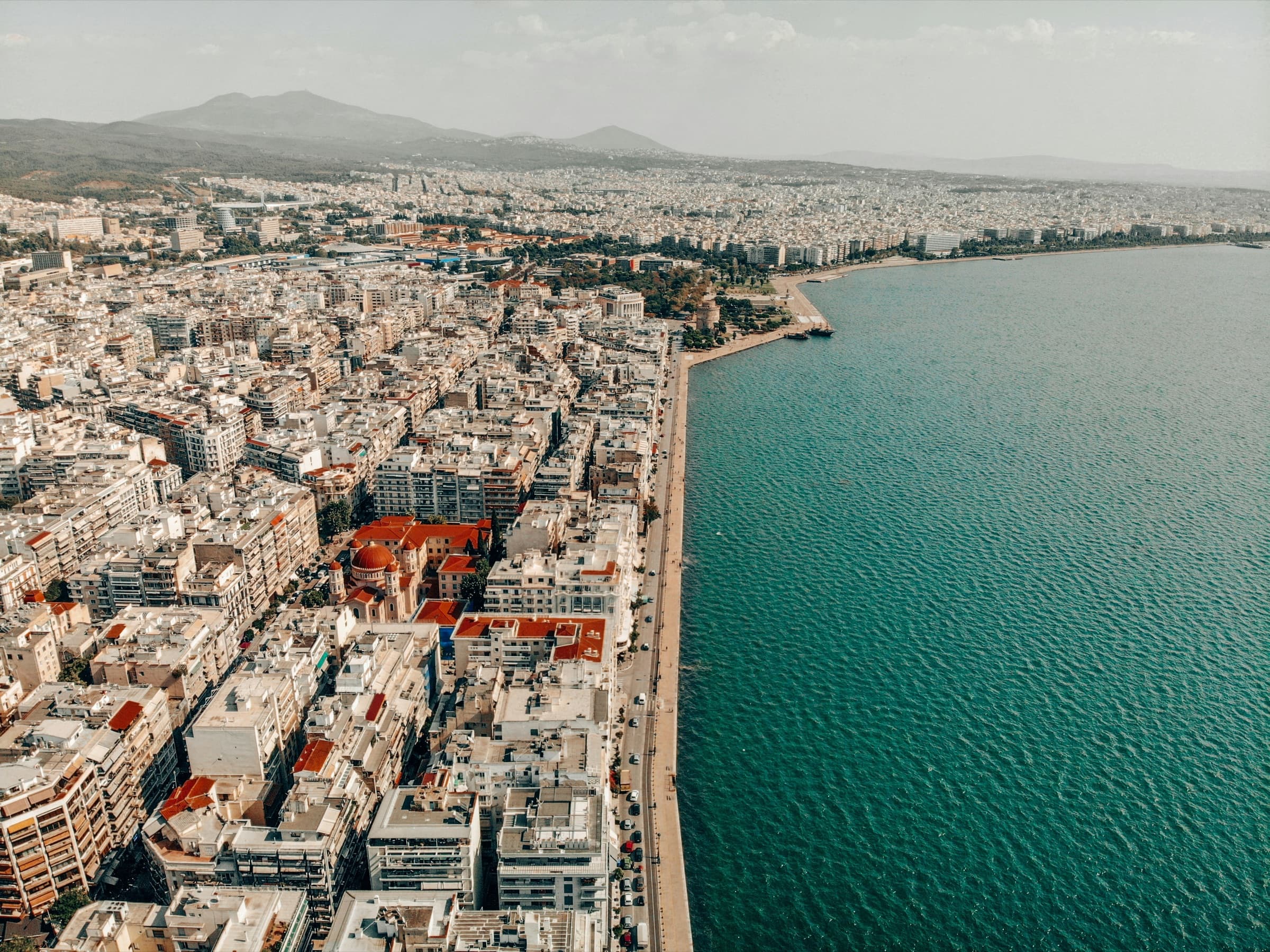 Aerial view of the Thessaloniki seafront in September, near the TIF / ΔΕΘ fairgrounds