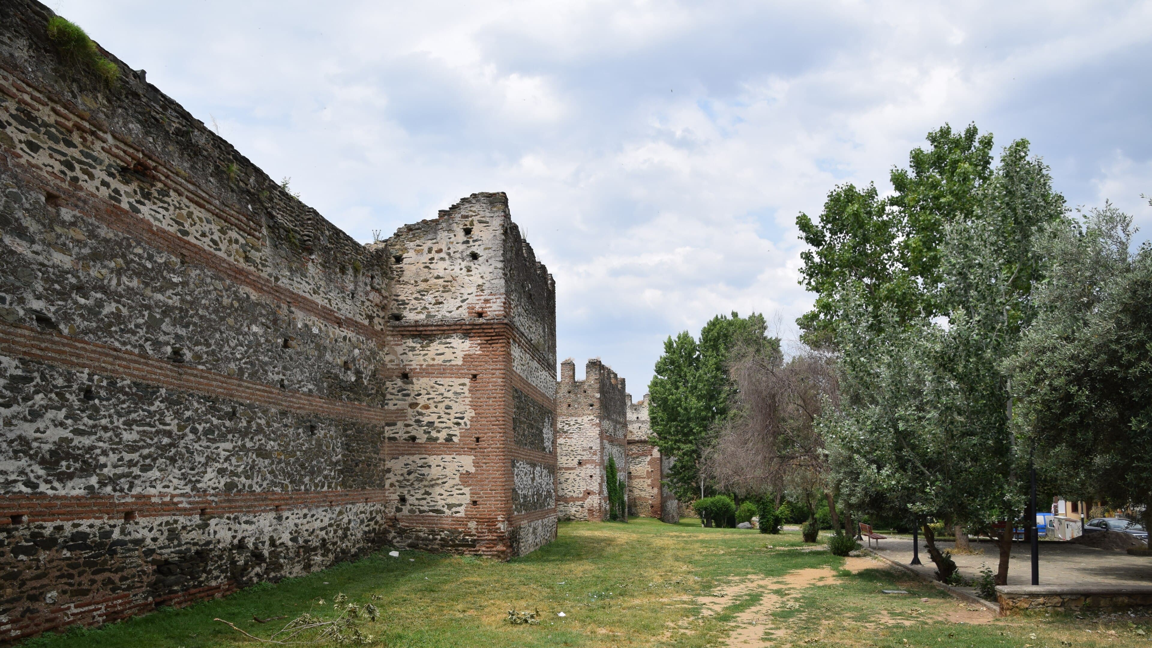 The Byzantine city wall in perspective, its alternating bands of stone and brick