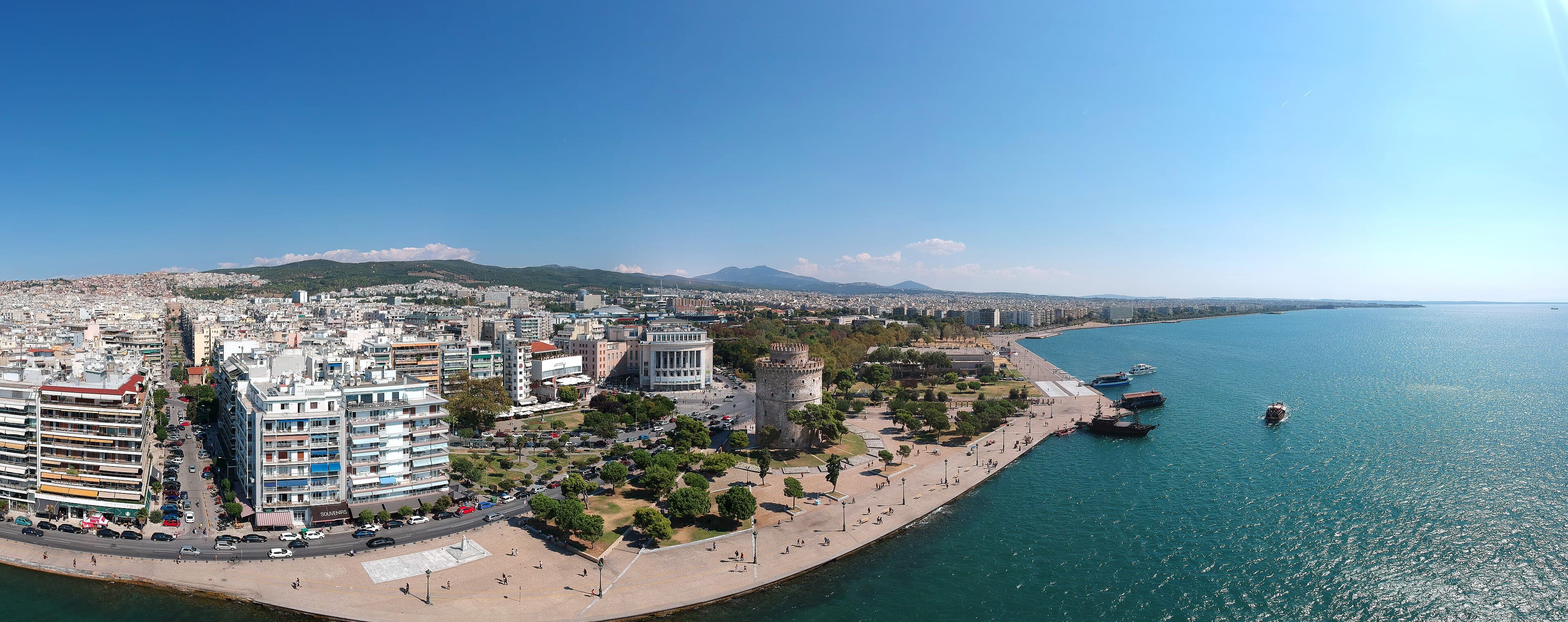 The Thessaloniki seafront from the air: the promenade, the White Tower and the city rising to the hills